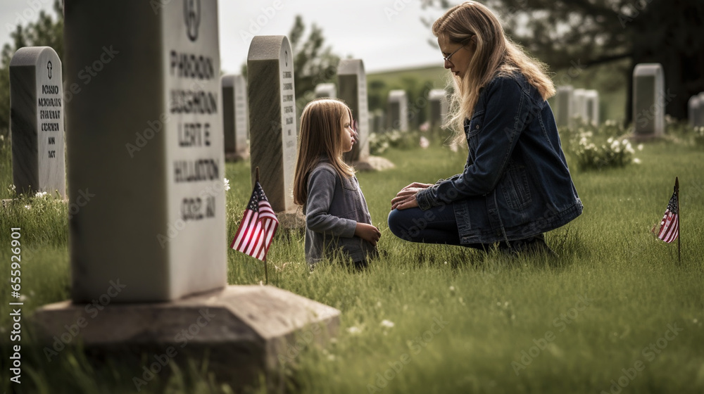 mother with kid in the cemetery near the grave - obrazy, fototapety, plakaty 