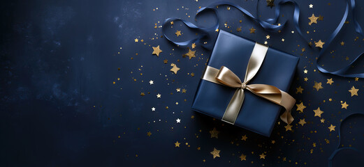 Dark blue gift box and Christmas decorations on dark background. Top view of greeting gift with copy space for Christmas present, holiday or birthday