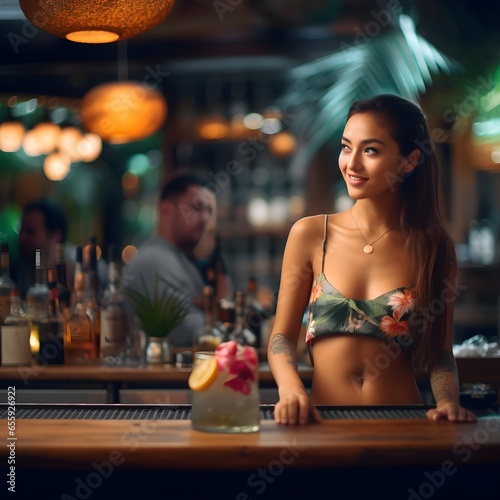 Stylish young travel influencer enjoying the tropical paradise of a beachfront resort  selecting the perfect cocktail for her vacation content creation.