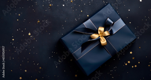 Dark blue gift box with elegant gold ribbon on dark background. Greeting gift with copy space for Christmas present, holiday or birthday