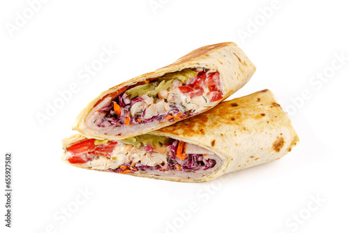 doner with chicken, tomato, cole salad for a food delivery site on a white background, studio shooting