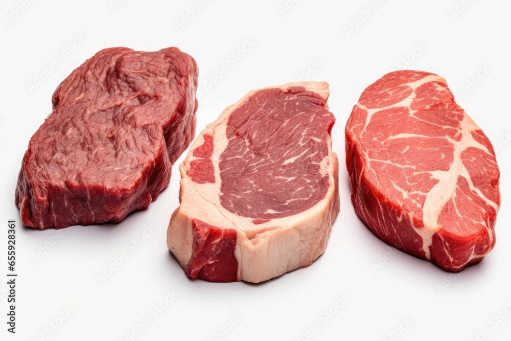 Uncooked Culinary Treasures. Succulent Raw Steaks and Premium Cuts of Beef Spotlight Excellence in Culinary Artistry and Gourmet Quality. Gastronomic Mastery 