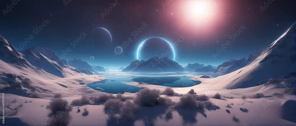 Wide-angle shot of an alien planet landscape. Breathtaking panorama of a frost snowy planet with strange rock formations. Fantastic extraterrestrial landscape. Sci-fi wallpaper.