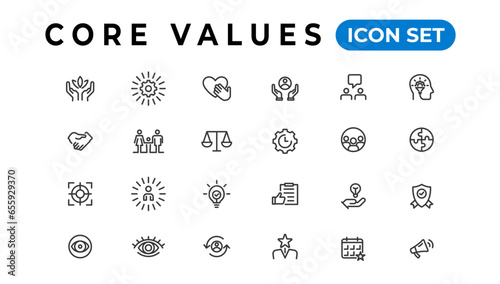Core value icon banner collection. Containing innovation, goals, responsibility, integrity, customers, commitment, quality, teamwork, reliability and inclusion. Vector solid collection of icons