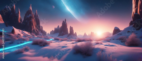 Wide-angle shot of an alien planet landscape. Breathtaking panorama of a frost snowy planet with strange rock formations. Fantastic extraterrestrial landscape. Sci-fi wallpaper. © Valeriy