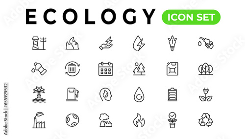 Ecology line icons set. Renewable energy outline icons collection. Solar panel, recycle, eco, bio, power, water - stock vector