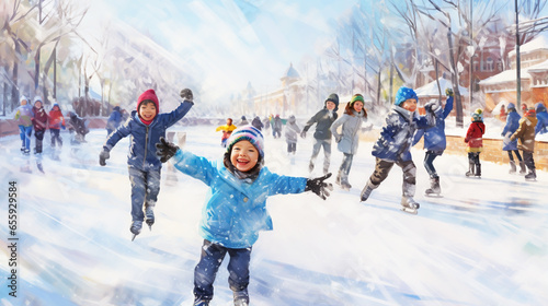 Winter season background people characters. Winter outdoor activities. People have fun.