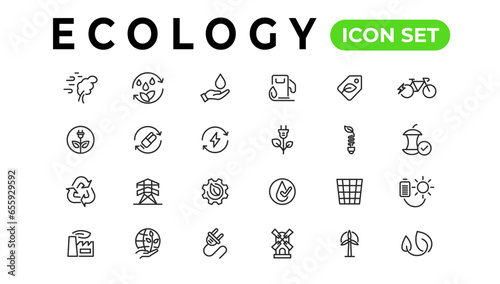 Ecology line icons set. Renewable energy outline icons collection. Solar panel, recycle, eco, bio, power, water - stock vector