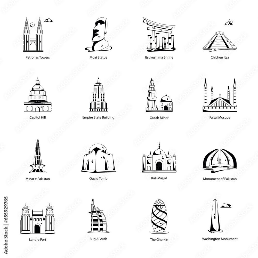 Set of Worlds Famous Monuments Glyph Icons

