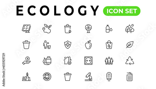 Ecology line icons set. Renewable energy outline icons collection. Solar panel, recycle, eco, bio, power, water - stock vector