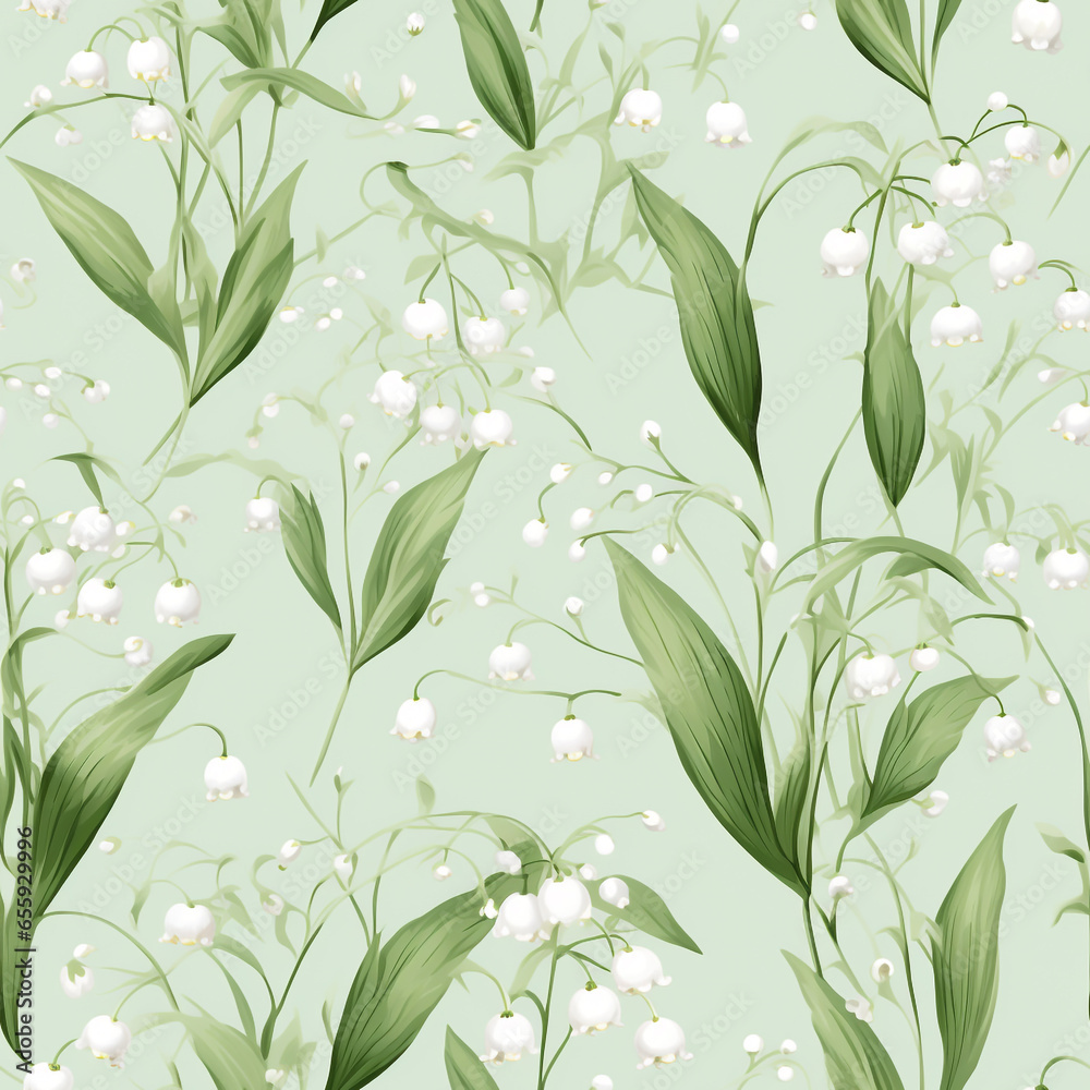 Fototapeta premium lily flowers seamless pattern. Repeating texture with floral branches and white flowers on green background. pattern for creating textiles, fabrics, paper, wallpapers.