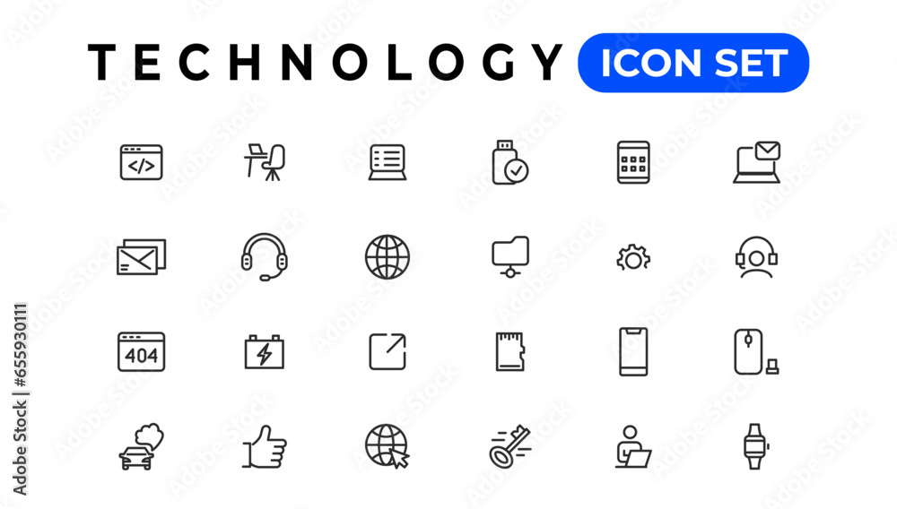 Technology Outline vector icons in line style. Computer monitor, smartphone, tablet and laptop. Vector illustration. Technology Outline vector icons in line style. Computer monitor, smartphone, tablet and laptop. Vector illustration.