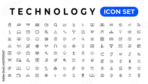 Technology Outline vector icons in line style. Computer monitor, smartphone, tablet and laptop. Vector illustration.