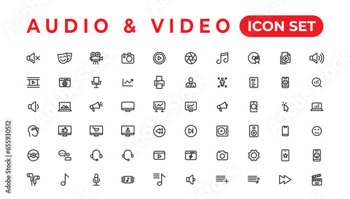 Audio Video Icons Pack. Thin line icons set. Flat icon collection set. Simple vector icons