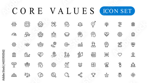 Core value icon banner collection. Containing innovation, goals, responsibility, integrity, customers, commitment, quality, teamwork, reliability and inclusion. Vector solid collection of icons
