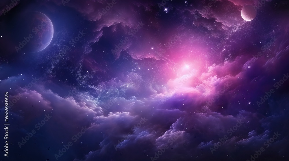 Abstract starry space in purple with shining star dust and nebula - realistic galaxy with milky way and planet background - obrazy, fototapety, plakaty 
