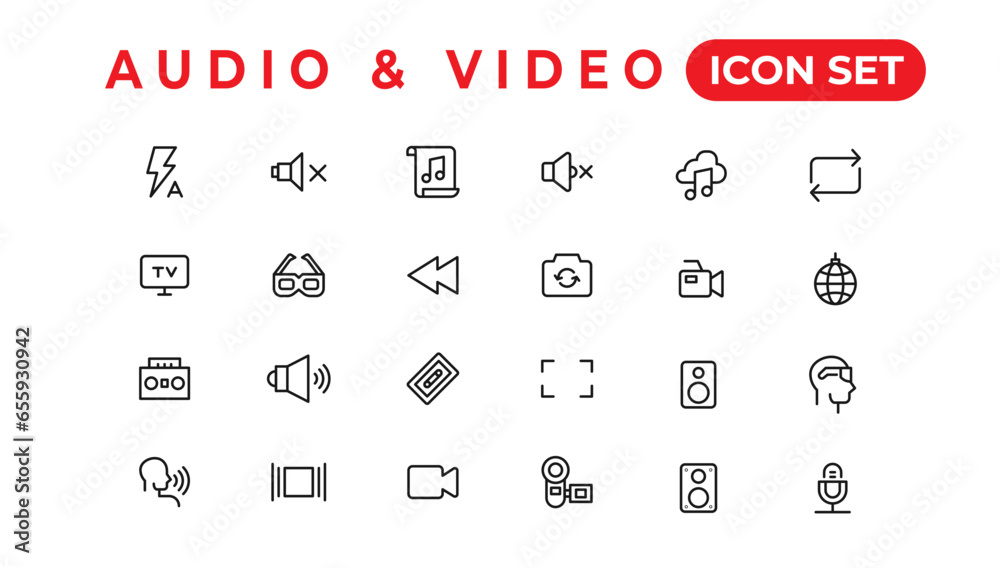 Audio Video Icons Pack. Thin line icons set. Flat icon collection set. Simple vector icons Audio Video Icons Pack. Thin line icons set. Flat icon collection set. Simple vector icons