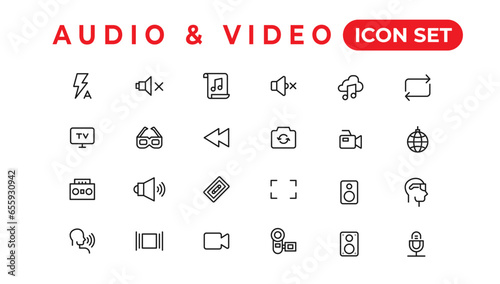 Audio Video Icons Pack. Thin line icons set. Flat icon collection set. Simple vector icons