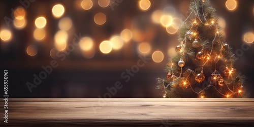 Golden christmas elegance. Bokeh background. Festive delights. Empty wooden table setting. Shining through on holiday. Abstract wood and gold. Party ambiance photo