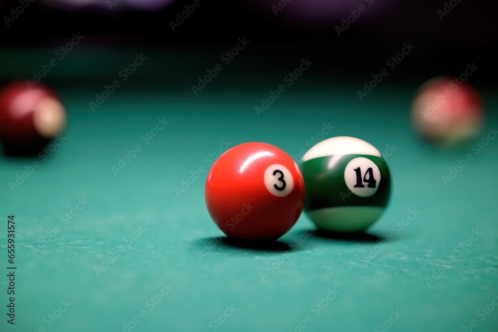 Billiard balls on the billiard table. A clean billiard table with several colored cue balls. Billiard balls on the billiard table. A clean billiard table with several colored cue balls.