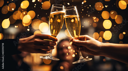 Celebration. People holding glasses of champagne making a toast at new years eve. champagne with blurred bokeh background