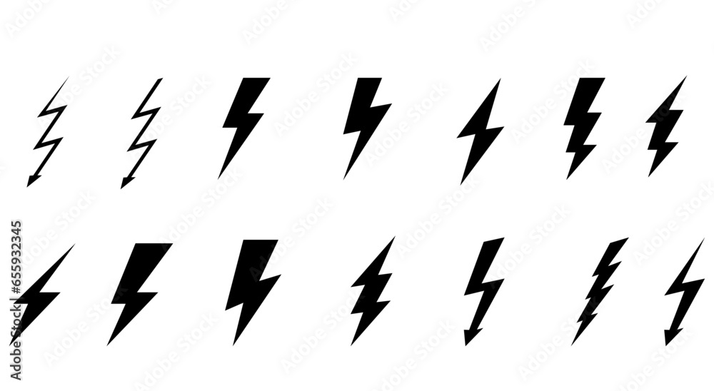 Set of lightning icons. Thunder and Bolt. Flash icon. Lightning strike. Black silhouette. Vector illustration. - obrazy, fototapety, plakaty 