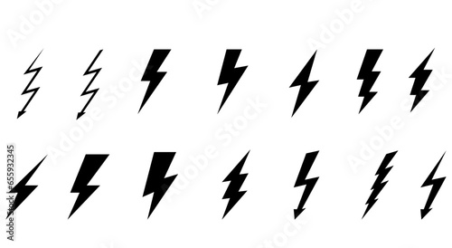 Set of lightning icons. Thunder and Bolt. Flash icon. Lightning strike. Black silhouette. Vector illustration.