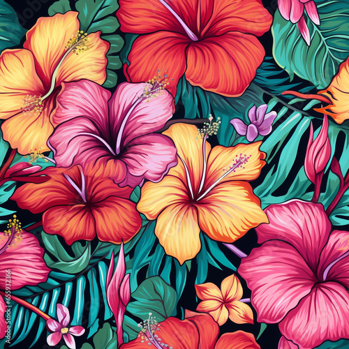 Seamless colorful Hibiscus exotic flower Haven A Vibrant Tapestry of Tropical Majesty. Seamless pattern