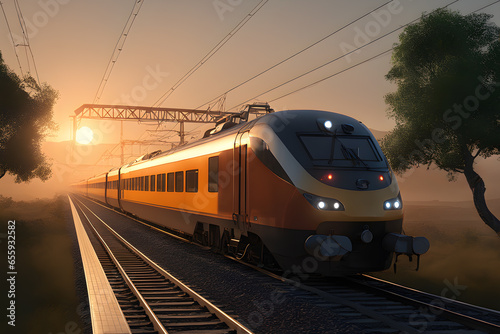 modern electric train, the train rides on the rails in the sunset light