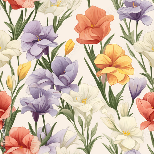 seamless pattern freesias Floral set of delicate flowers and branches. Illustration on white background, botanical design elements