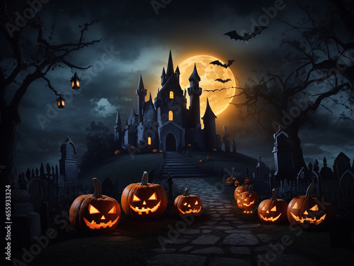 A Halloween scene with pumpkins and a haunted house