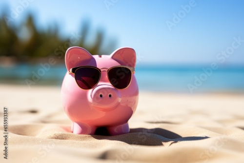 Pink Piggy Bank in Sunglasses with Sandy Beach © Suchart