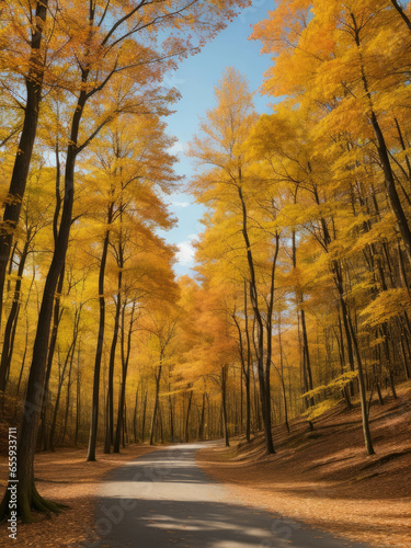 Illustration of an autumn landscape with yellow leaves on trees.