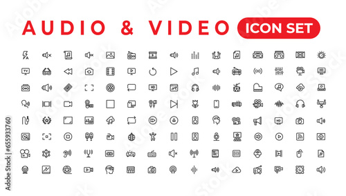 Audio Video Icons Pack. Thin line icons set. Flat icon collection set. Simple vector icons