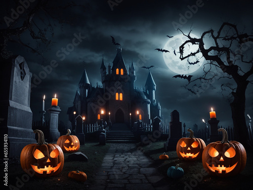 A Halloween scene with pumpkins and a haunted house