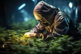 On a cannabis farm. A man wearing protective suit delicately works with cannabis plants.