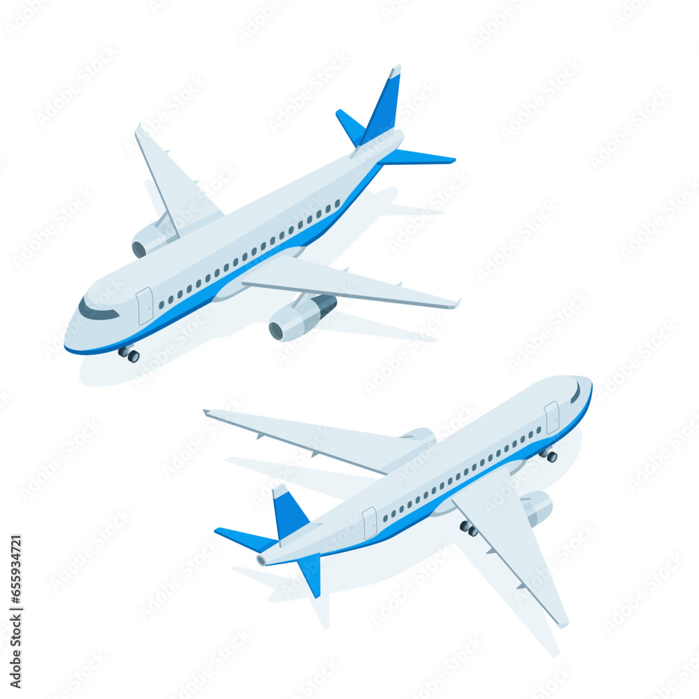 isometric passenger plane front and back view, in color on a white background, an air vehicle for transporting passengers or traveling around the world