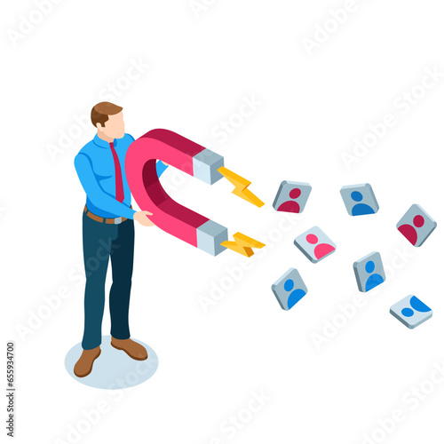 isometric business man with a magnet attracts subscribers, in color on a white background, social management and attracting subscribers or customers