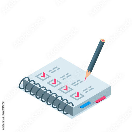 isometric pencil near notepad with checked boxes, in color on white background, completed test or plan