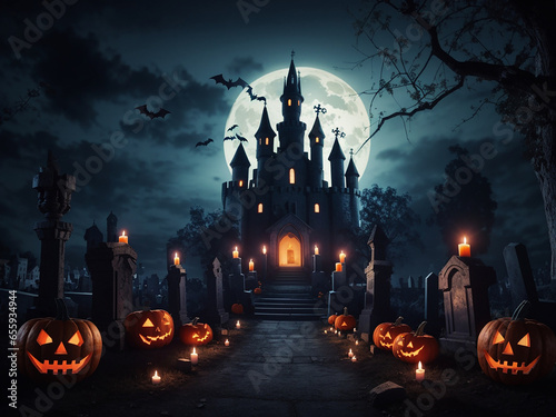 A Halloween scene with pumpkins and a haunted house