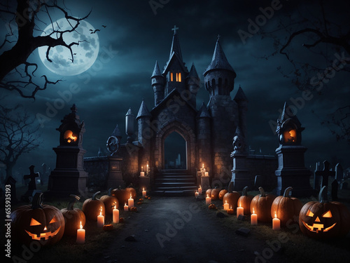 A Halloween scene with pumpkins and a haunted house