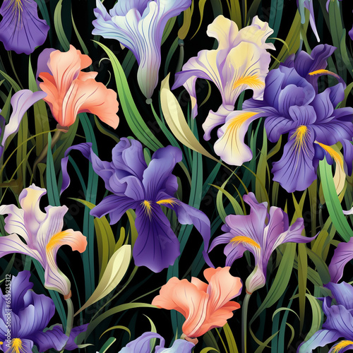 Seamless pattern iris flowers with leaves on black background