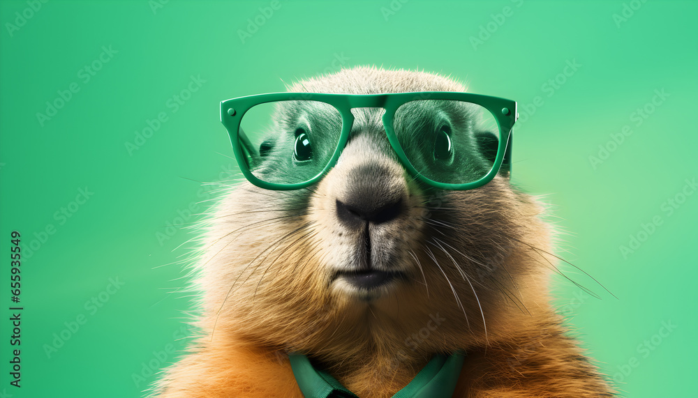 Fototapeta premium Groundhog wearing glasses and a suit in a green background. Groundhog day concept