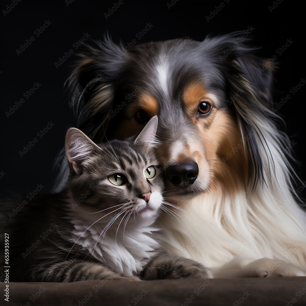 Portrait of a dog with a cat. Generative AI