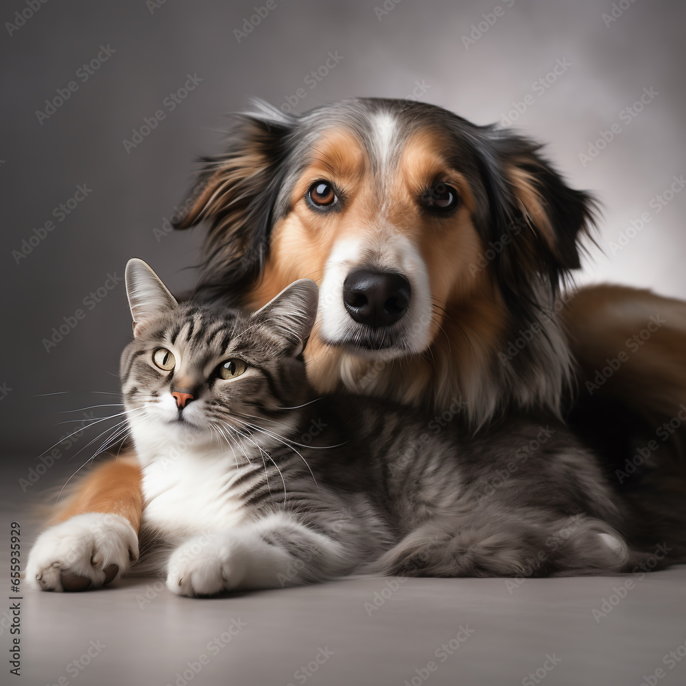 Portrait of a dog with a cat. Generative AI