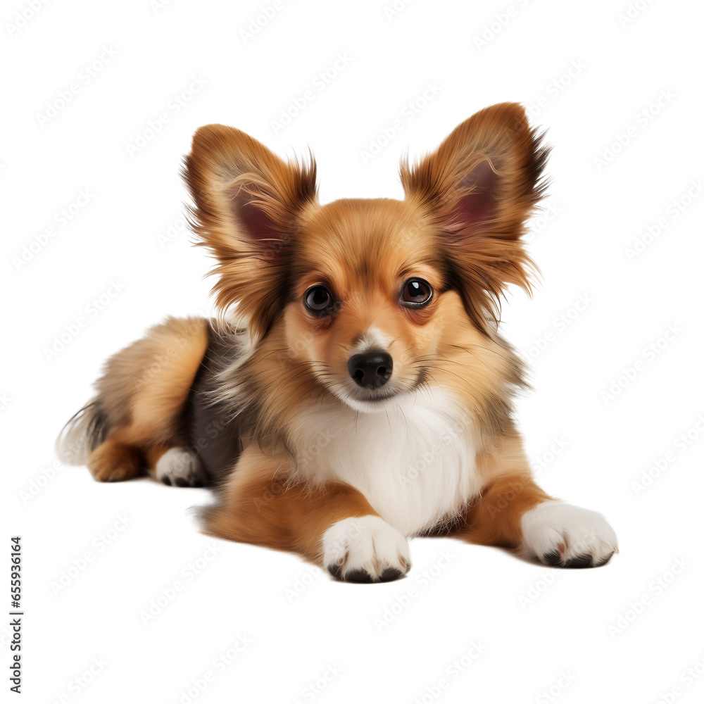 A small dog on a light transparent background. PNG file. Generative AI A small dog on a light transparent background. PNG file. Generative AI