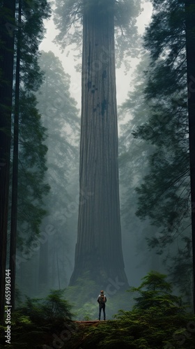 Person standing in front of a redwood tree photo