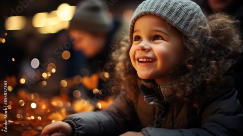 Smiling Girl at Winter Christmas Market, Delightful Moment as She Admires Christmas Ornaments Amidst the Warm Glow of Christmas Night Lights, Winter night 