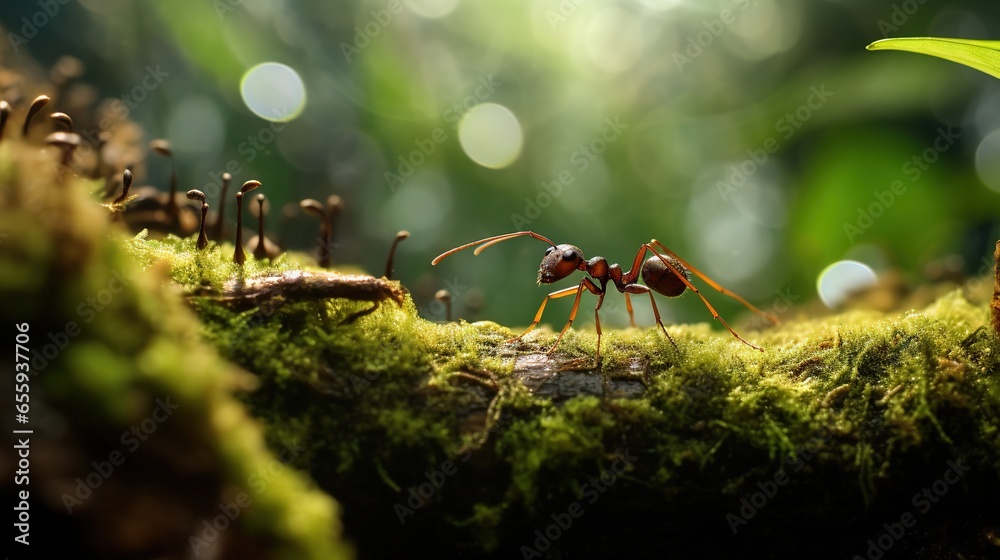Leaf-cutter ant close-up in the forest - obrazy, fototapety, plakaty 