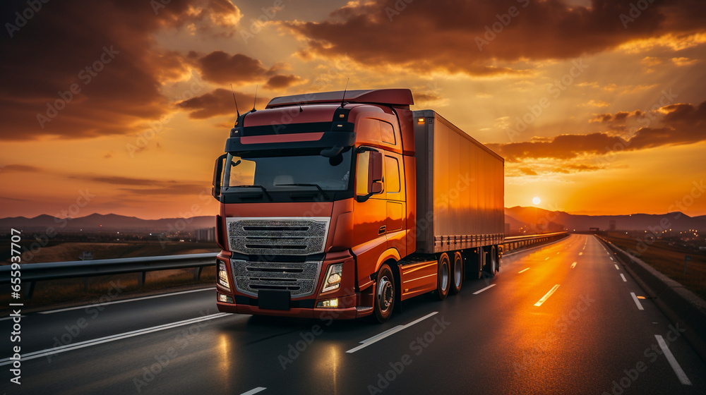 truck at sunset logistics import export cargo truck background